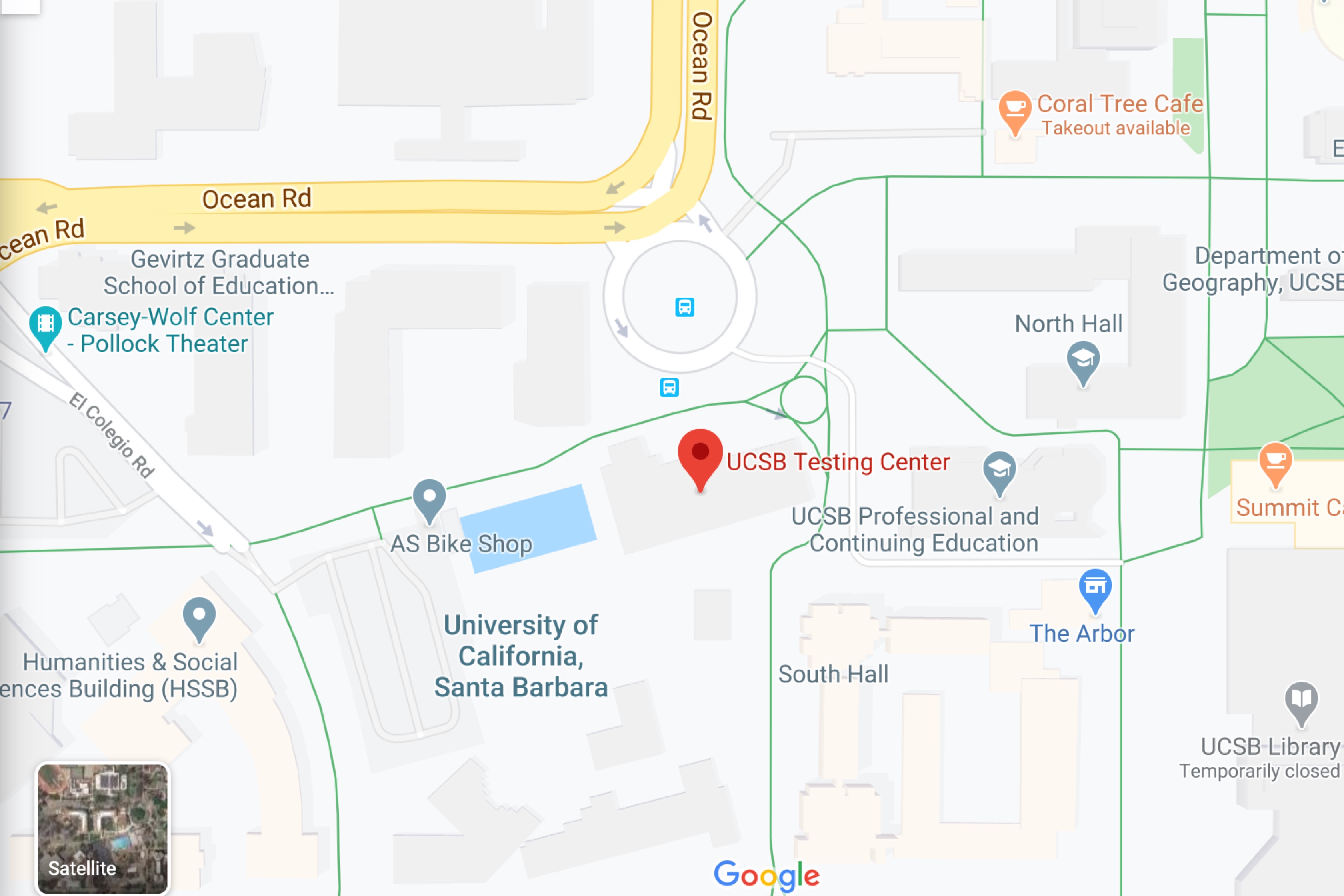 Google Map showing the UCSB Testing Center